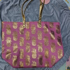 Pink Tote with Gold Pineapple Design